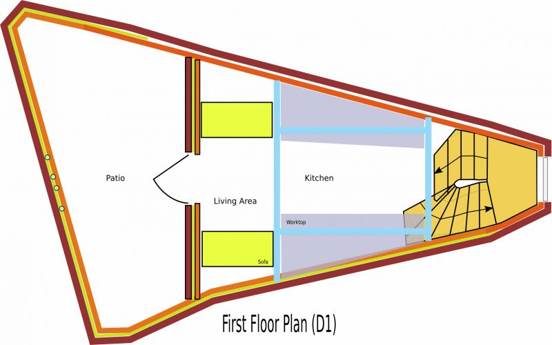 The shape of the top floor is dominated by the sloping ceilings. The small size and building regulations concerning head space above stairwells made this the hardest aspect of the design. I went through a dozen layouts and settled on this. The kitchen is in the centre as I think kitchens should be circulation spaces. That way you can move past some one else in the kitchen without feeling in the way. This is the opposite of a living area which would feel like a corridor it was placed between the stairs and any other space.