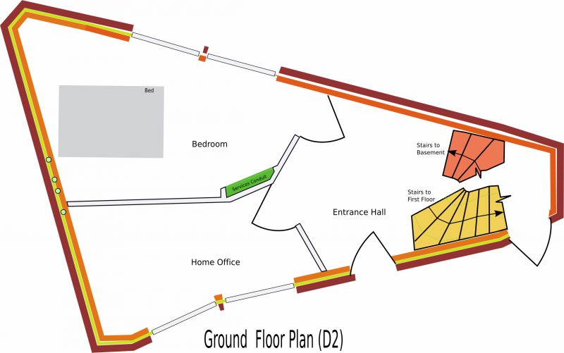 The bedroom and home office are on the ground floor. The light and ceiling shape of the first floor made it more suitable for a kitchen and living area. The fire escape parts of the building regs. require the windows to be usable as a means of escape. Pretty ridiculous considering the position of the front door but as this has to be the case as there isn't a door between the entrance hall and living area upstairs.