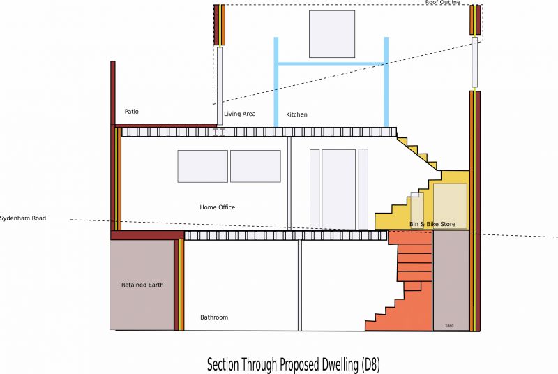 The light blue lines on the first floor are wooden thruses holding up the roof. They naturally separate the kitchen from other areas. The stepped retaining wall by the bathroom is also clearer in this section.