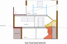 The light blue lines on the first floor are wooden thruses holding up the roof. They naturally separate the kitchen from other areas. The stepped retaining wall by the bathroom is also clearer in this section.